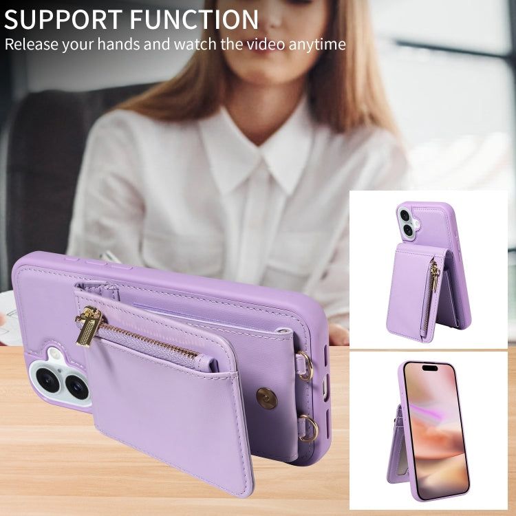 For iPhone 16 Plus Crossbody Lanyard Zipper Wallet Leather Phone Case(Purple) - iPhone 16 Plus Cases by buy2fix | Online Shopping UK | buy2fix