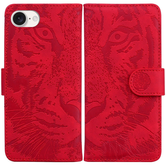 For iPhone 16e Tiger Embossing Pattern Leather Phone Case(Red) - iPhone 16e Cases by buy2fix | Online Shopping UK | buy2fix