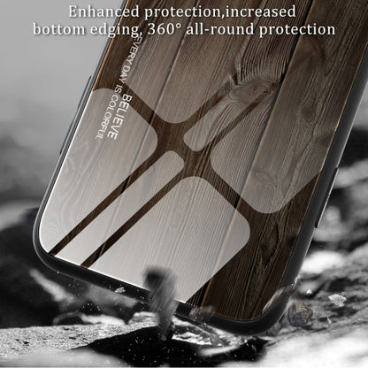 For iPhone 16 Wood Grain Glass Phone Case(Coffee) - iPhone 16 Cases by buy2fix | Online Shopping UK | buy2fix