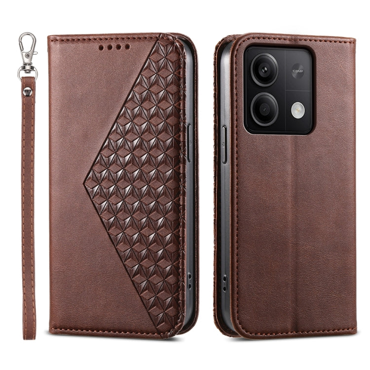 For Xiaomi Redmi Note 13 5G Cubic Grid Calf Texture Magnetic Leather Phone Case(Brown) - Note 13 Cases by buy2fix | Online Shopping UK | buy2fix