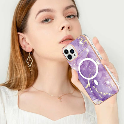 For iPhone 15 Pro Max Marble Pattern Dual-side IMD Magsafe TPU Phone Case(Purple 002) - iPhone 15 Pro Max Cases by buy2fix | Online Shopping UK | buy2fix