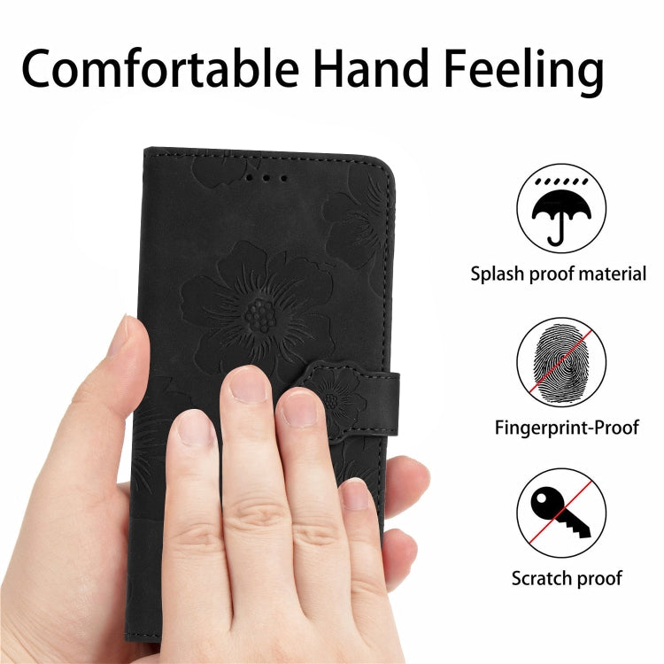 For iPhone 16 Flower Embossing Pattern Leather Phone Case(Black) - iPhone 16 Cases by buy2fix | Online Shopping UK | buy2fix