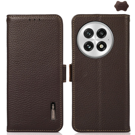 For OnePlus 13 KHAZNEH Side-Magnetic Litchi Genuine Leather RFID Phone Case(Brown) - OnePlus Cases by buy2fix | Online Shopping UK | buy2fix