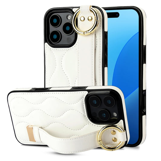 For iPhone 16 Pro Max Non-slip Full Coverage Ring PU Phone Case with Wristband(White) - iPhone 16 Pro Max Cases by buy2fix | Online Shopping UK | buy2fix