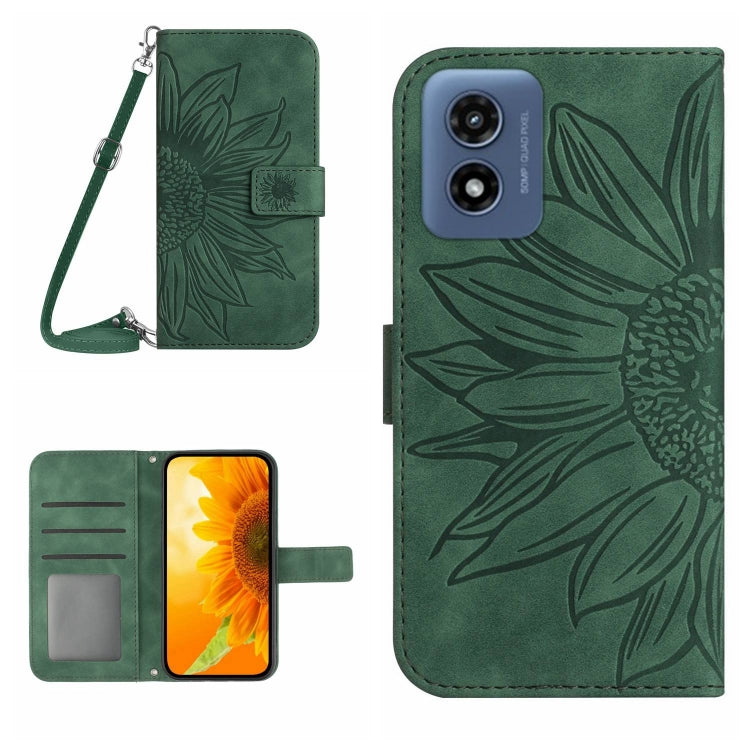 For Motorola Moto G Play 4G 2024 HT04 Skin Feel Sun Flower Embossed Flip Leather Phone Case with Lanyard(Green) - Motorola Cases by buy2fix | Online Shopping UK | buy2fix