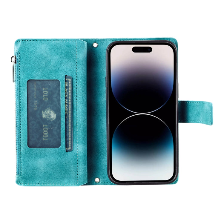 For iPhone 16 Multi-Card Totem Zipper Leather Phone Case(Green) - iPhone 16 Cases by buy2fix | Online Shopping UK | buy2fix