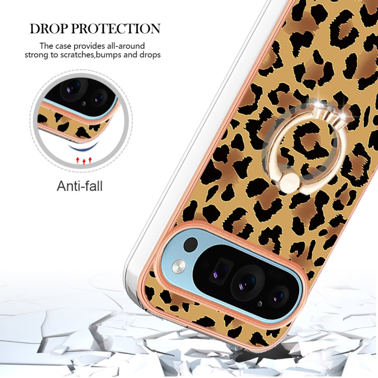 For Google Pixel 9 Pro XL Electroplating Dual-side IMD Phone Case with Ring Holder(Leopard Print) - Google Cases by buy2fix | Online Shopping UK | buy2fix