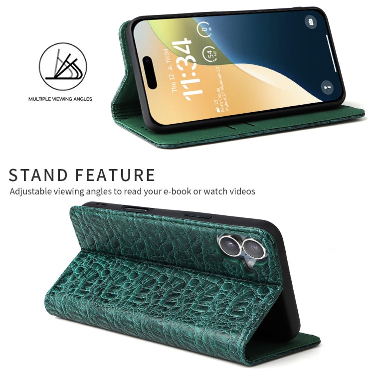 For iPhone 16 Fierre Shann Crocodile Texture Magnetic Genuine Leather Phone Case(Green) - iPhone 16 Cases by FIERRE SHANN | Online Shopping UK | buy2fix