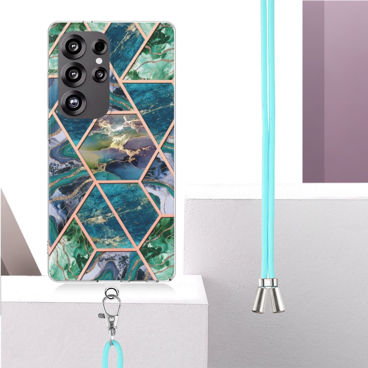 For Samsung Galaxy S25 Ultra 5G Electroplating IMD Splicing Dual-side Marble TPU Phone Case with Lanyard(Blue Green) - Galaxy S25 Ultra 5G Cases by buy2fix | Online Shopping UK | buy2fix