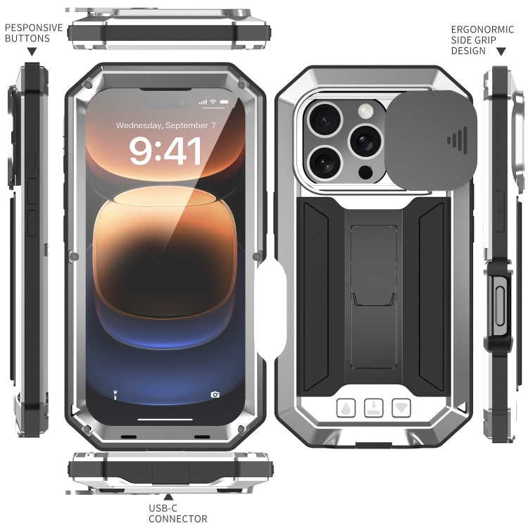 For iPhone 16 Pro Max R-JUST Sliding Camera IP54 Life Waterproof Holder Phone Case(Silver) - iPhone 16 Pro Max Cases by R-JUST | Online Shopping UK | buy2fix