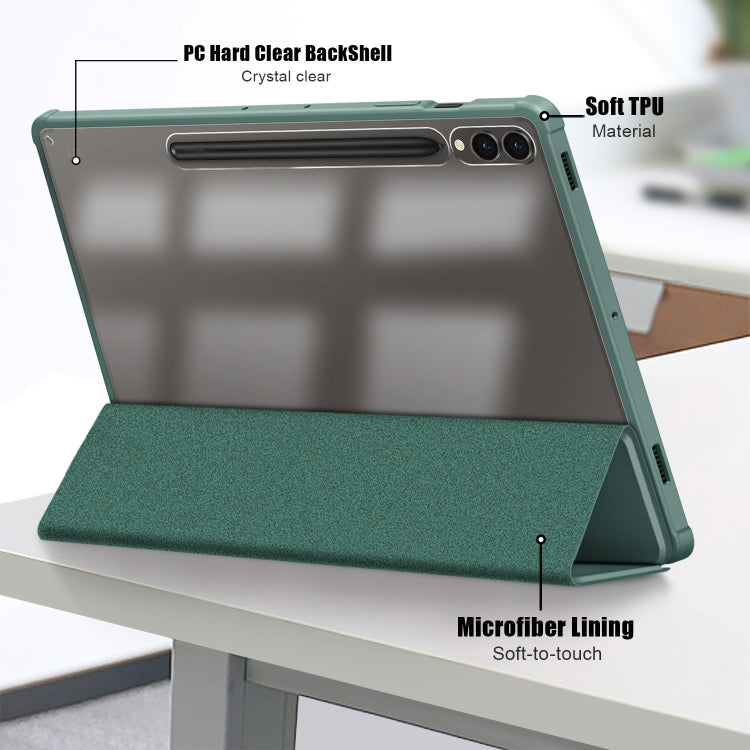 For Samsung Galaxy Tab S9+ Acrylic 3-folding Smart Leather Tablet Case(Deep Green) - Galaxy Tab S9+ Cases by buy2fix | Online Shopping UK | buy2fix