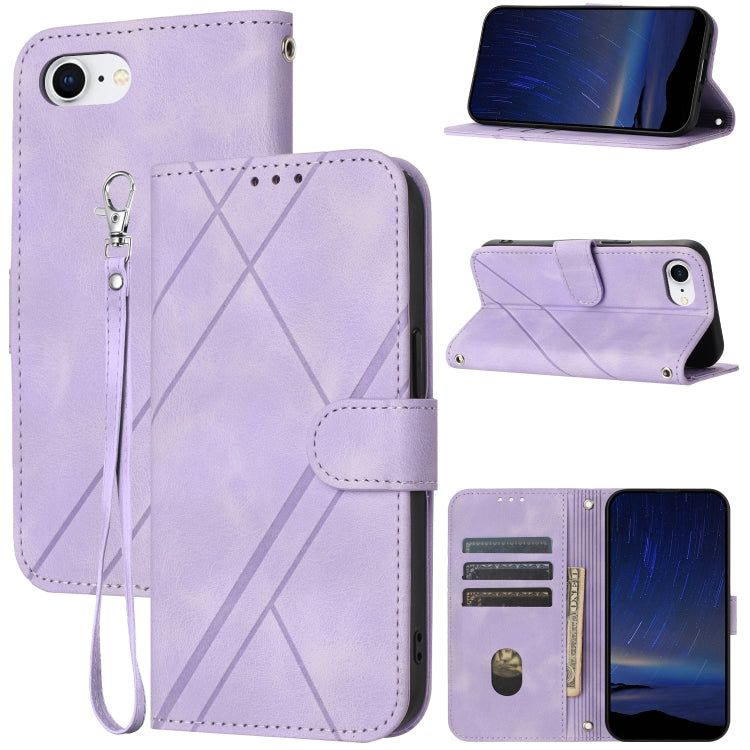 For iPhone SE 2024 Embossed Line Leather Phone Case with Lanyard(Purple) - More iPhone Cases by buy2fix | Online Shopping UK | buy2fix