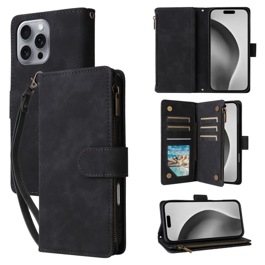 For iPhone 16 Pro Max Crossbody Multi-card Slot Wallet Zipper Leather Phone Case(Black) - iPhone 16 Pro Max Cases by buy2fix | Online Shopping UK | buy2fix