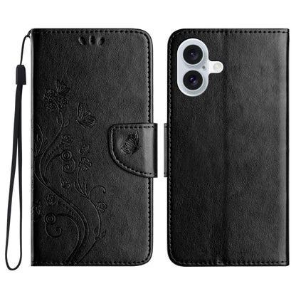 For iPhone 16 Plus Butterfly Flower Pattern Flip Leather Phone Case(Black) - iPhone 16 Plus Cases by buy2fix | Online Shopping UK | buy2fix