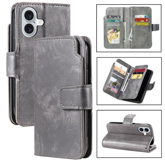 For iPhone 16 Plus Tri-Fold 9-Card Wallets Leather Phone Case(Grey) - iPhone 16 Plus Cases by buy2fix | Online Shopping UK | buy2fix