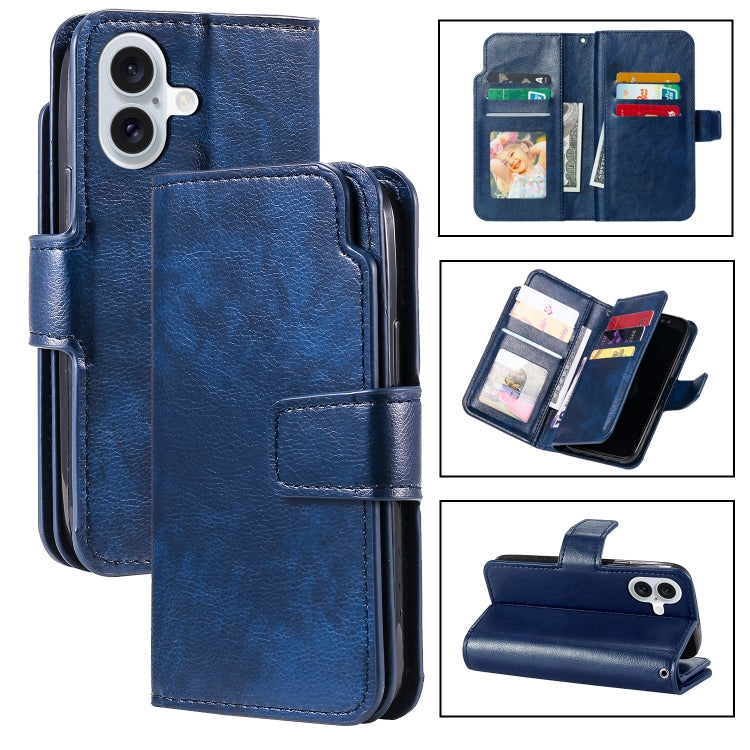 For iPhone 16 Plus Tri-Fold 9-Card Wallets Leather Phone Case(Blue) - iPhone 16 Plus Cases by buy2fix | Online Shopping UK | buy2fix