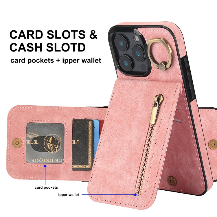 For iPhone 16 Pro Retro Ring and Zipper RFID Card Slot Phone Case(Pink) - iPhone 16 Pro Cases by buy2fix | Online Shopping UK | buy2fix