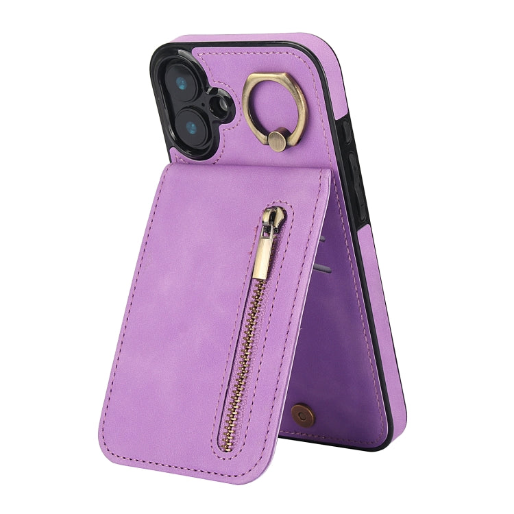 For iPhone 16 Plus Retro Ring and Zipper RFID Card Slot Phone Case(Purple) - iPhone 16 Plus Cases by buy2fix | Online Shopping UK | buy2fix