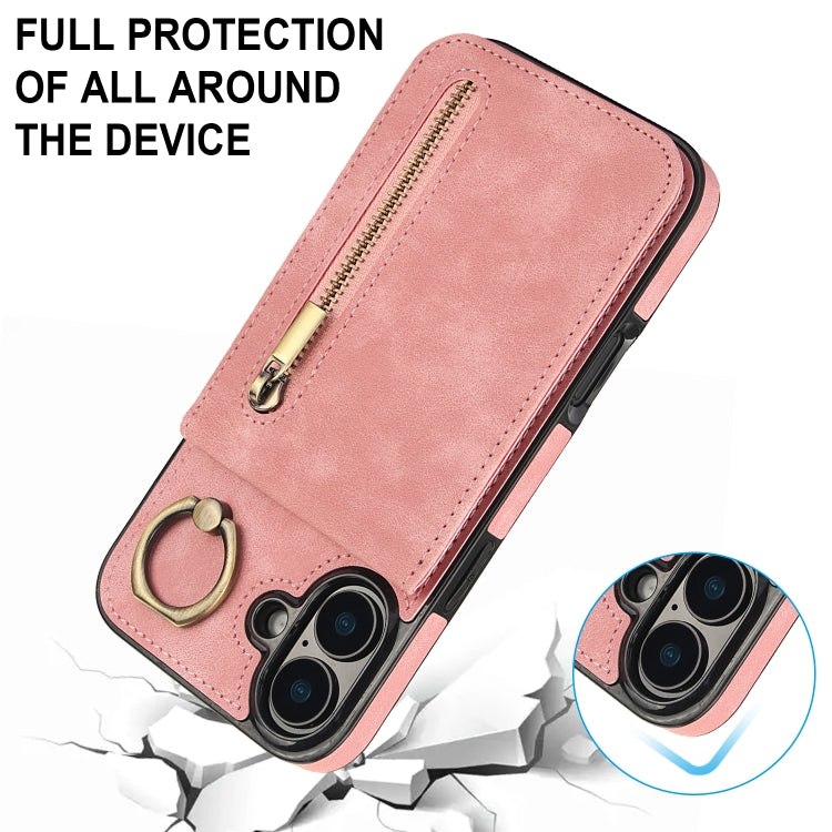 For iPhone 16 Retro Ring and Zipper RFID Card Slot Phone Case(Pink) - iPhone 16 Cases by buy2fix | Online Shopping UK | buy2fix