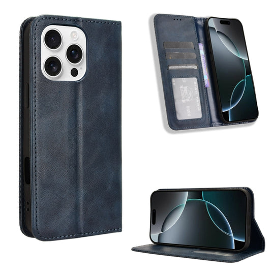 For iPhone 16 Pro Magnetic Buckle Retro Texture Leather Phone Case(Blue) - iPhone 16 Pro Cases by buy2fix | Online Shopping UK | buy2fix