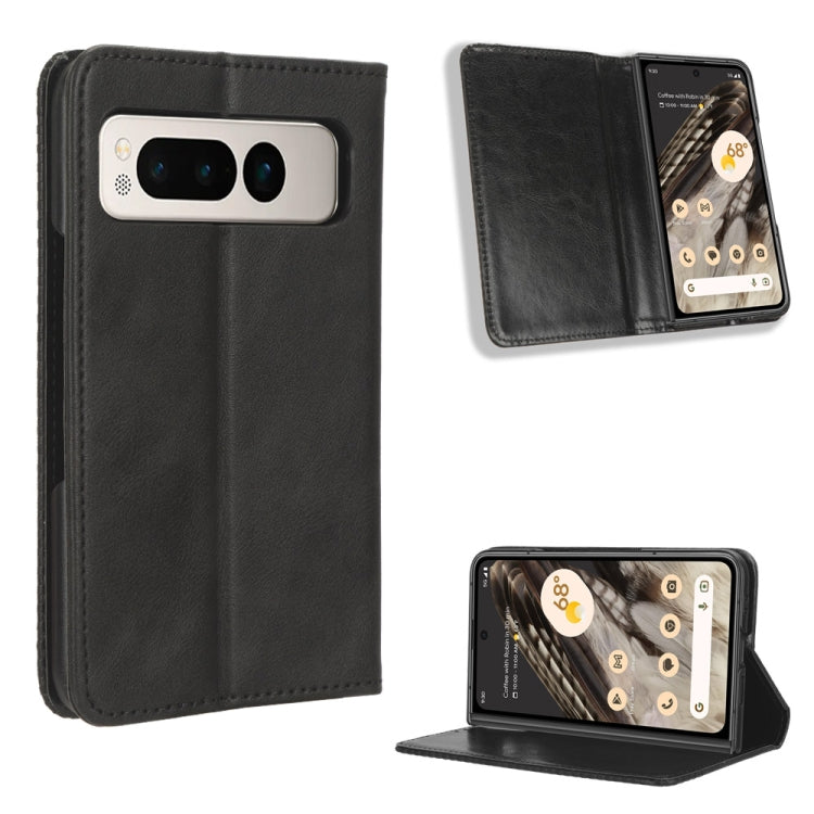 For Google Pixel Fold Magnetic Buckle Retro Texture Leather Phone Case(Black) - Google Cases by buy2fix | Online Shopping UK | buy2fix