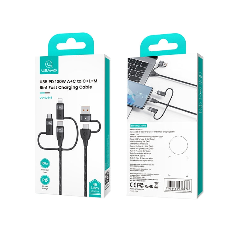 USAMS US-SJ645 U85 1.2m PD100W 6 in 1 Alloy Multifunctional Fast Charging Cable(Black) - Multifunction Cable by USAMS | Online Shopping UK | buy2fix