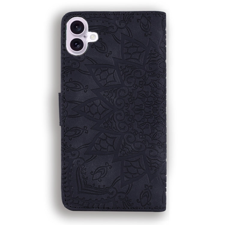 For iPhone 16 Mandala Embossed Dual-Fold Calf Leather Phone Case(Black) - iPhone 16 Cases by buy2fix | Online Shopping UK | buy2fix