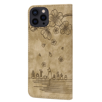 For iPhone 16 Pro Cartoon Sakura Cat Embossed Leather Phone Case(Brown) - iPhone 16 Pro Cases by buy2fix | Online Shopping UK | buy2fix