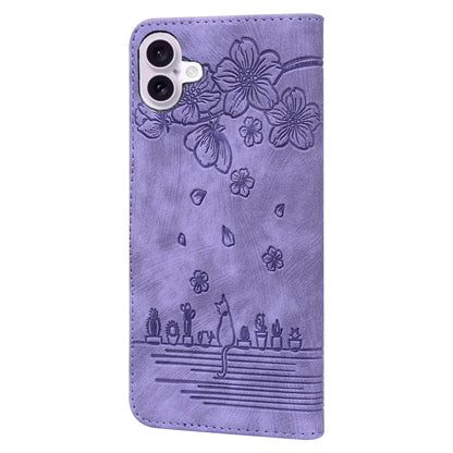 For iPhone 16 Cartoon Sakura Cat Embossed Leather Phone Case(Purple) - iPhone 16 Cases by buy2fix | Online Shopping UK | buy2fix