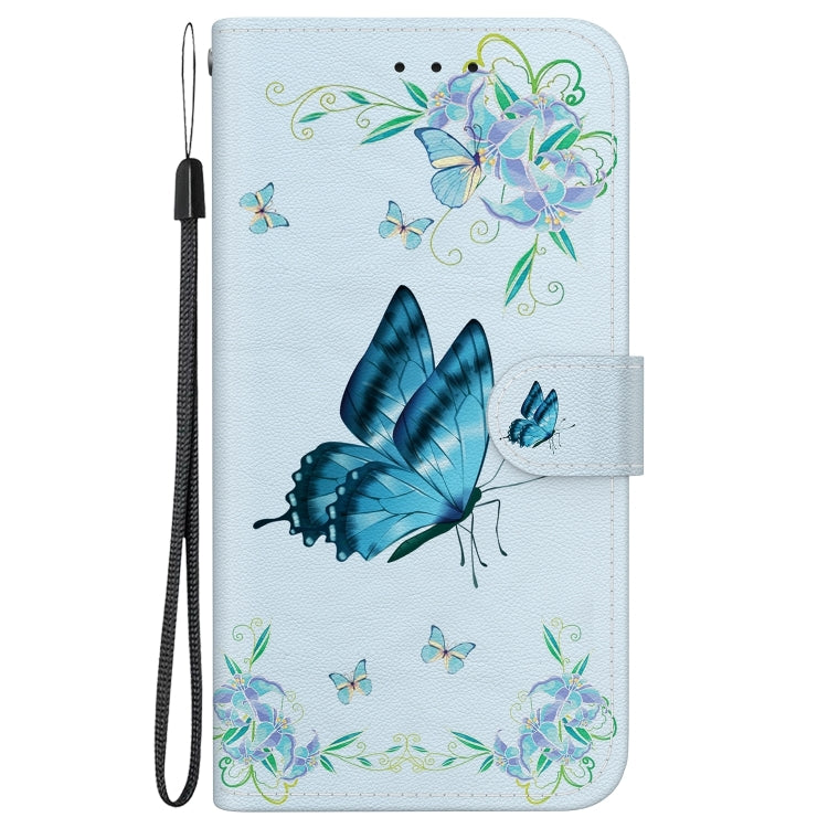 For iPhone 16 Crystal Texture Colored Drawing Leather Phone Case(Blue Pansies) - iPhone 16 Cases by buy2fix | Online Shopping UK | buy2fix