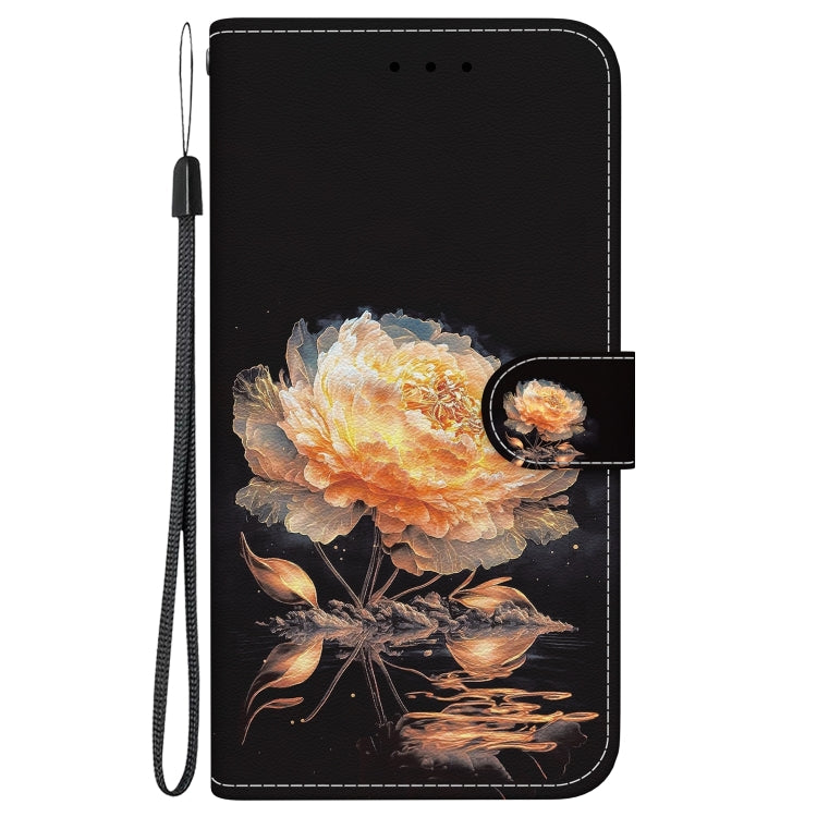 For iPhone 16 Plus Crystal Texture Colored Drawing Leather Phone Case(Gold Peony) - iPhone 16 Plus Cases by buy2fix | Online Shopping UK | buy2fix