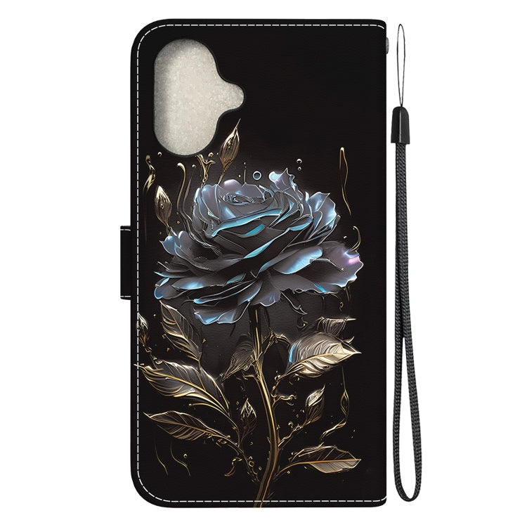 For iPhone 16 Plus Crystal Texture Colored Drawing Leather Phone Case(Black Rose) - iPhone 16 Plus Cases by buy2fix | Online Shopping UK | buy2fix