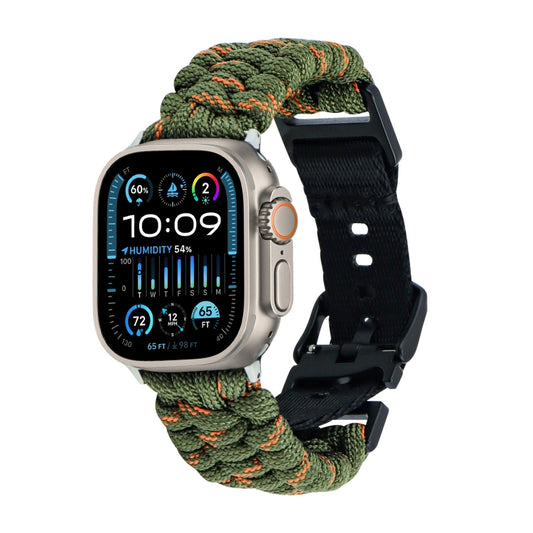 For Apple Watch Ultra 2 49mm Paracord Plain Braided Webbing Buckle Watch Band(Army Green Orange) - Watch Bands by buy2fix | Online Shopping UK | buy2fix