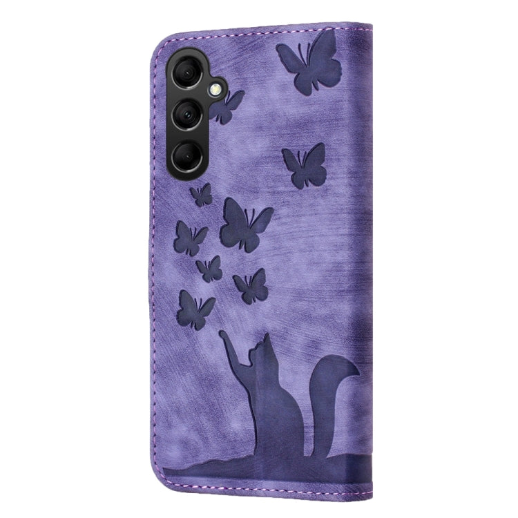 For Samsung Galaxy A55 Butterfly Cat Embossing Flip Leather Phone Case(Purple) - Galaxy Phone Cases by buy2fix | Online Shopping UK | buy2fix