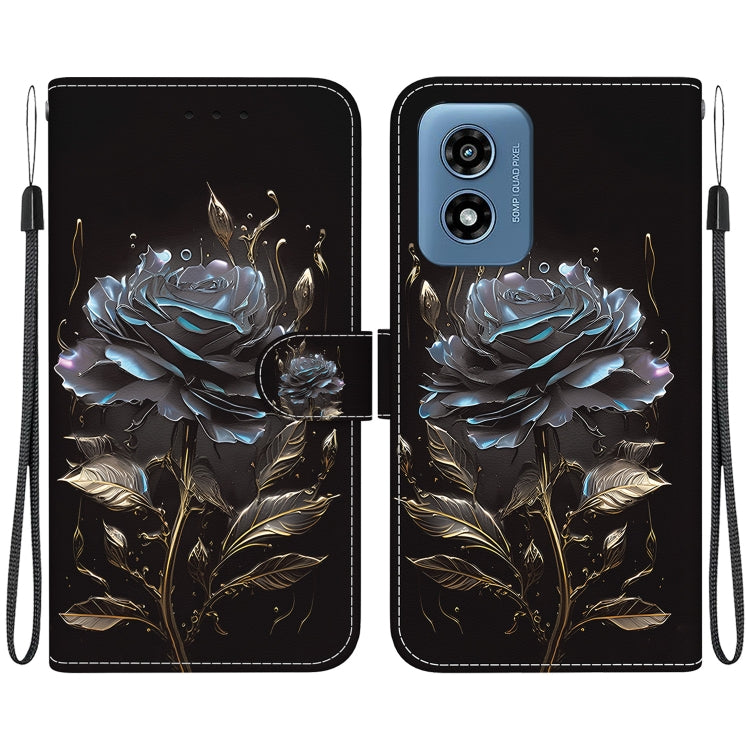 For Motorola Moto G Play 4G 2024 Crystal Texture Colored Drawing Leather Phone Case(Black Rose) - Motorola Cases by buy2fix | Online Shopping UK | buy2fix