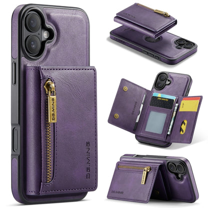 For iPhone 16 DG.MING M5 Series Zip RFID Multi Card Detachable Leather Phone Case(Purple) - iPhone 16 Cases by DG.MING | Online Shopping UK | buy2fix