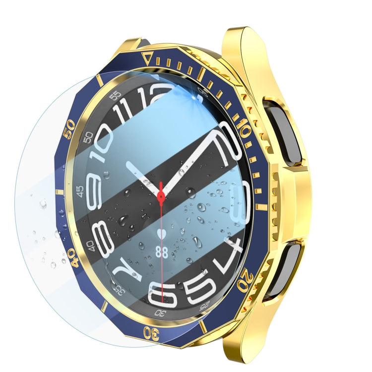 For Samsung Galaxy Watch6 Classic 47mm R960 Electroplate PC Case + Tempered Film + Watch Bezel Ring Set(Blue+Gold) - Watch Cases by buy2fix | Online Shopping UK | buy2fix