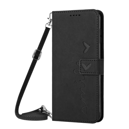 For Motorola Edge 5G 2024 Skin Feel Heart Embossed Leather Phone Case with Long Lanyard(Black) - Motorola Cases by buy2fix | Online Shopping UK | buy2fix