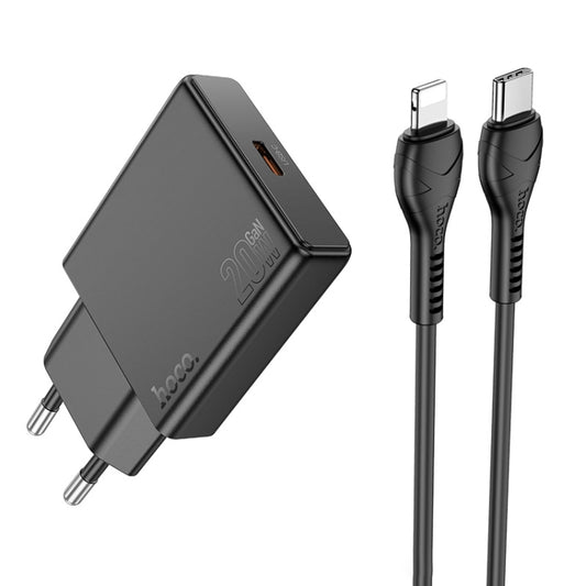 Hoco N37 Delgado PD20W USB-C / Type-C Single Port Charger Set with Type-C to 8 Pin Cable, EU Plug(Black) - USB Charger by hoco | Online Shopping UK | buy2fix