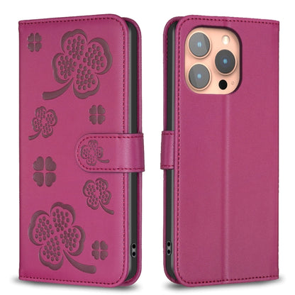 For iPhone 16 Pro Four-leaf Embossed Leather Phone Case(Rose Red) - iPhone 16 Pro Cases by buy2fix | Online Shopping UK | buy2fix