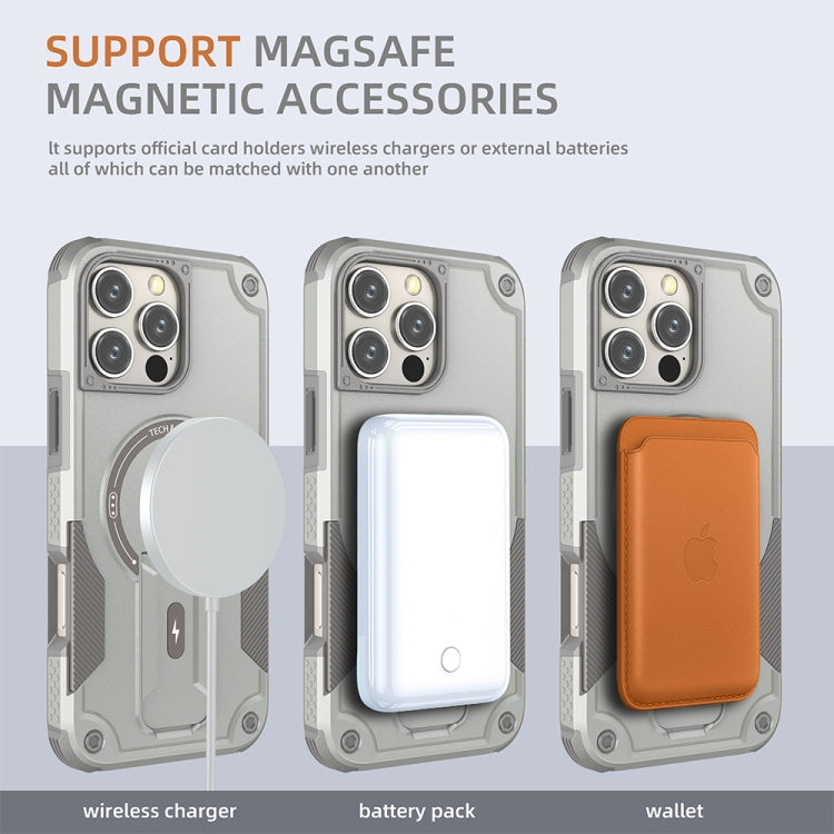 For iPhone 16 Pro Max Armor Magsafe Holder PC Hybrid TPU Phone Case(Grey) - iPhone 16 Pro Max Cases by buy2fix | Online Shopping UK | buy2fix