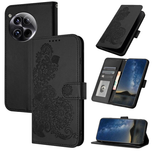 For OnePlus 12 Datura Flower Embossed Flip Leather Phone Case(Black) - OnePlus Cases by buy2fix | Online Shopping UK | buy2fix