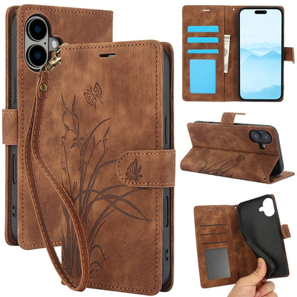 For iPhone 16 Orchid Butterfly Embossed Leather Phone Case(Brown) - iPhone 16 Cases by buy2fix | Online Shopping UK | buy2fix