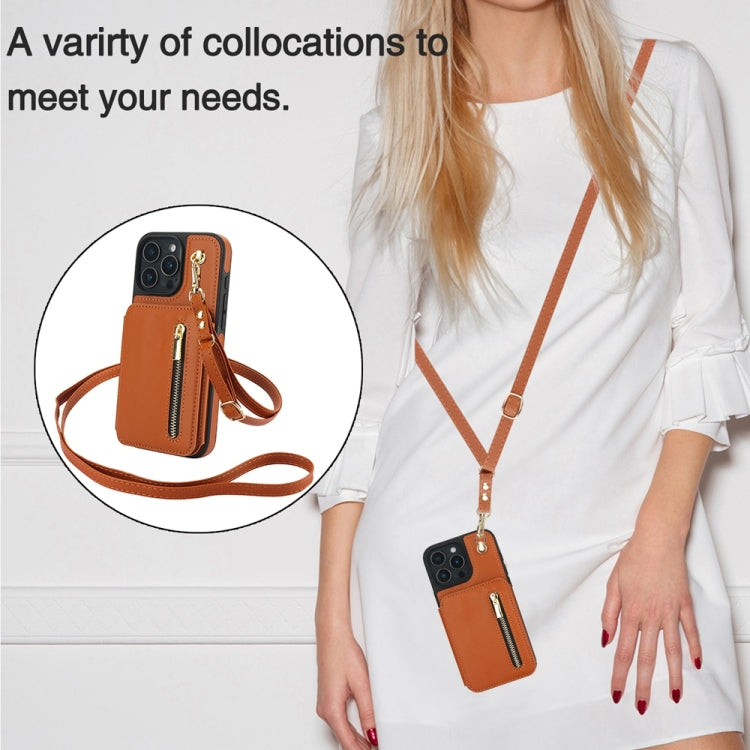 For iPhone 16 Pro YM006 Skin Feel Zipper Card Bag Phone Case with Dual Lanyard(Brown) - iPhone 16 Pro Cases by buy2fix | Online Shopping UK | buy2fix