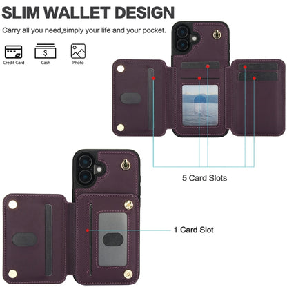 For iPhone 16 YM006 Skin Feel Zipper Card Bag Phone Case with Dual Lanyard(Dark Purple) - iPhone 16 Cases by buy2fix | Online Shopping UK | buy2fix