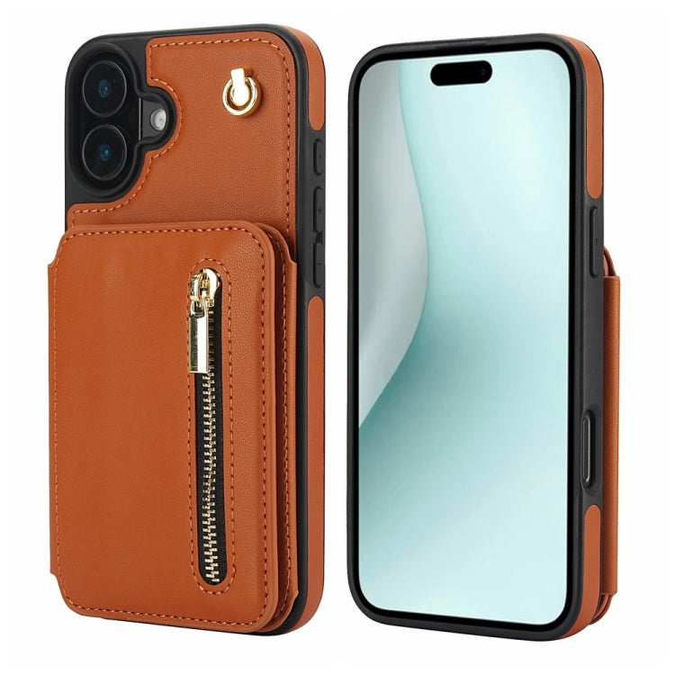 For iPhone 16 YM006 Skin Feel Zipper Card Bag Phone Case with Dual Lanyard(Brown) - iPhone 16 Cases by buy2fix | Online Shopping UK | buy2fix