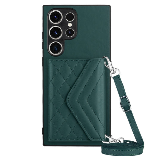 For Samsung Galaxy S23 Ultra 5G Rhombic Texture Card Bag RFID Phone Case with Long Lanyard(Green) - Galaxy S23 Ultra 5G Cases by buy2fix | Online Shopping UK | buy2fix