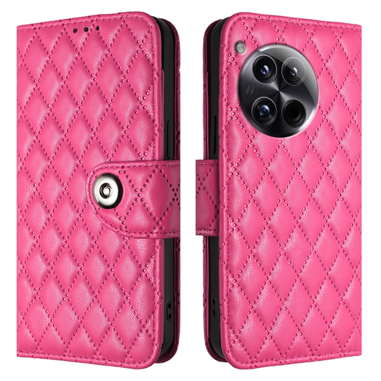 For OnePlus 12 5G Global Rhombic Texture Flip Leather Phone Case with Lanyard(Rose Red) - OnePlus Cases by buy2fix | Online Shopping UK | buy2fix