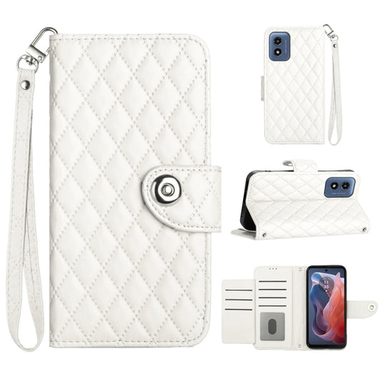 For Motorola Moto G Play 4G 2024 Rhombic Texture Flip Leather Phone Case with Lanyard(White) - Motorola Cases by buy2fix | Online Shopping UK | buy2fix