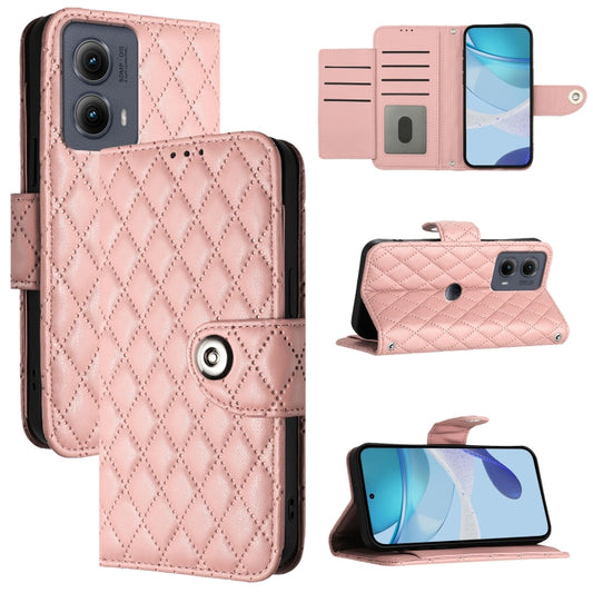 For Motorola Edge 2024 Rhombic Texture Flip Leather Phone Case with Lanyard(Coral Pink) - Motorola Cases by buy2fix | Online Shopping UK | buy2fix